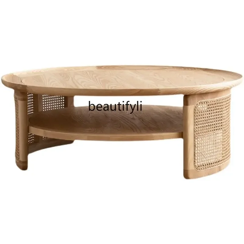 Japanese solid wood round  modern tea table household living room ash wood round table low table