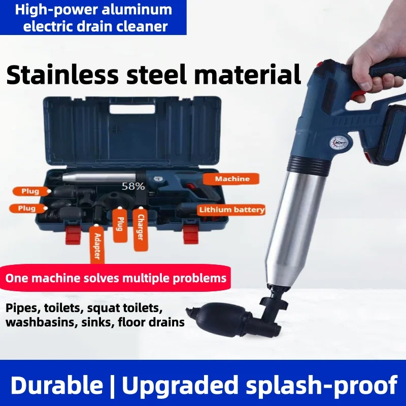 Electric Battery Powered Drain Cleaner Multi Functional Dredging Tool Replaceable Nozzles Storage Case Included