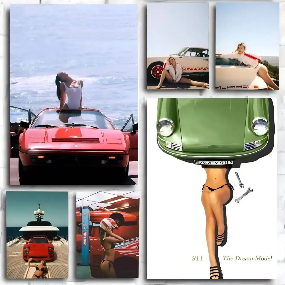 Vintage Supercar Girl Poster Kunstdruck im Anime-Stil, Heimdekoration, ideales Geschenk, perfekte Raumdekoration