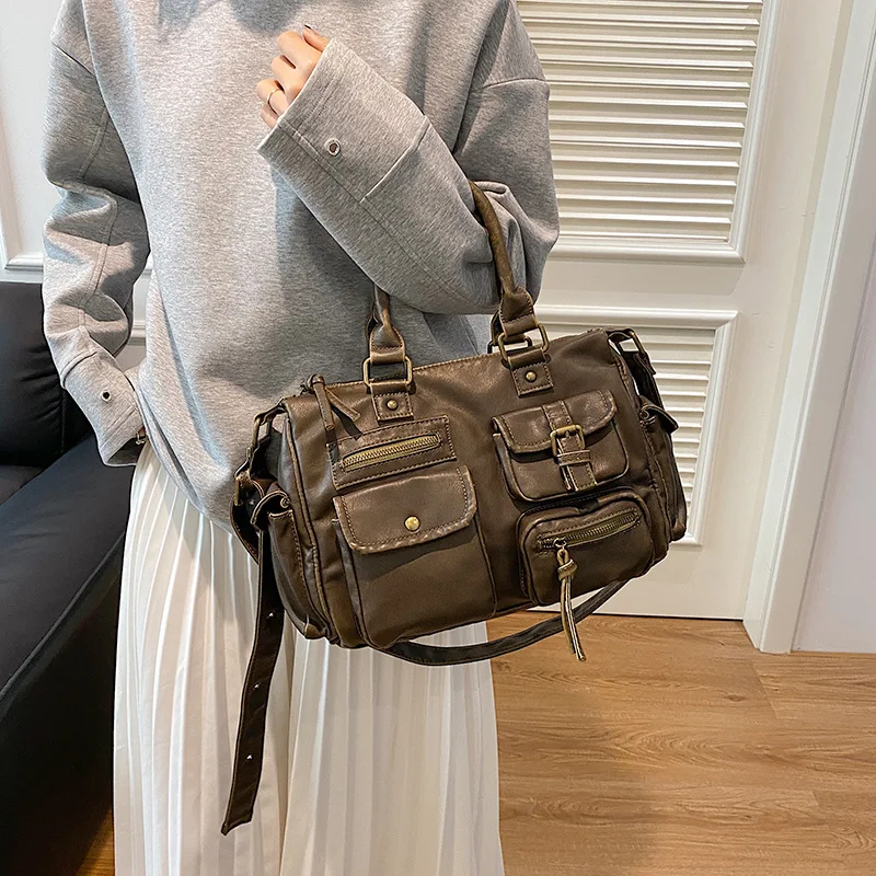 

Сумка на плечо из искусственной кожи в стиле ретро, потертая женская сумка в стиле панк с несколькими карманами, сумки через плечо для женщин, сумки с верхней ручкой