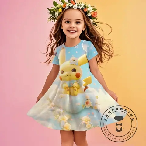 Hot MINISO Set Pikachu Pokémon Kids Summer Short Sleeve Pretty Dress Baby Girls Dresses Children's Vistidos Toddler Best Gift