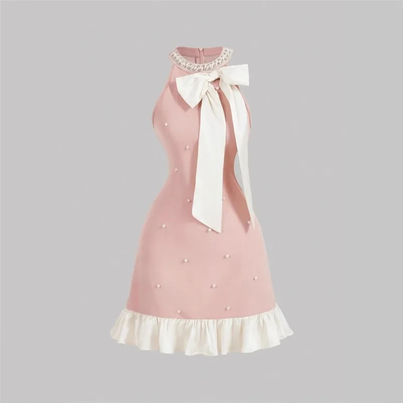 

Sweet Fresh Women's Short Dress Summer Fashion Bow Ruffle Edge Nail Bead Splicing Design Dress Ladies Party Sleeveless Vestidos
