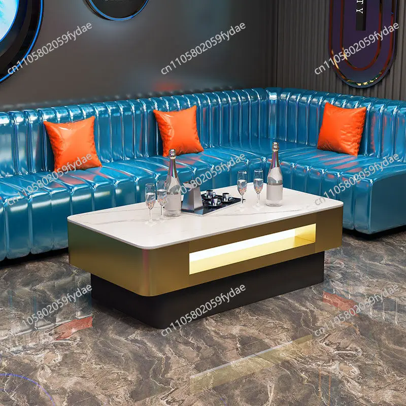 New KTV luminous coffee table light luxury titanium tempered glass stainless steel card seat party room bar rock slab wine table