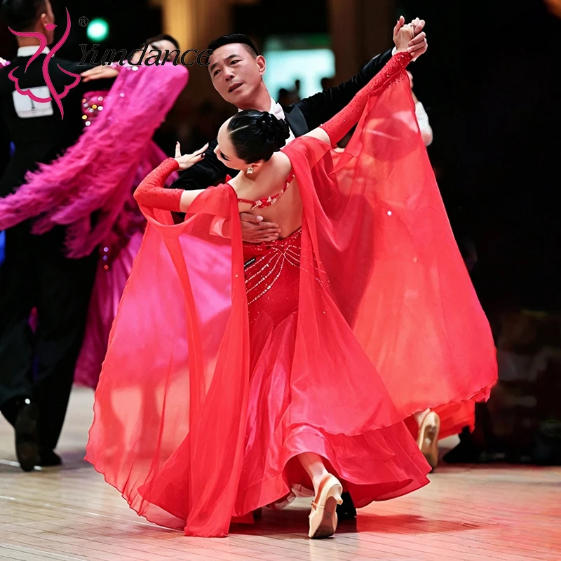 

B-26063 Women's Custom Standard Ballroom Dress Red Satin Chiffon Stage Performance Costume for Blackpool Competition