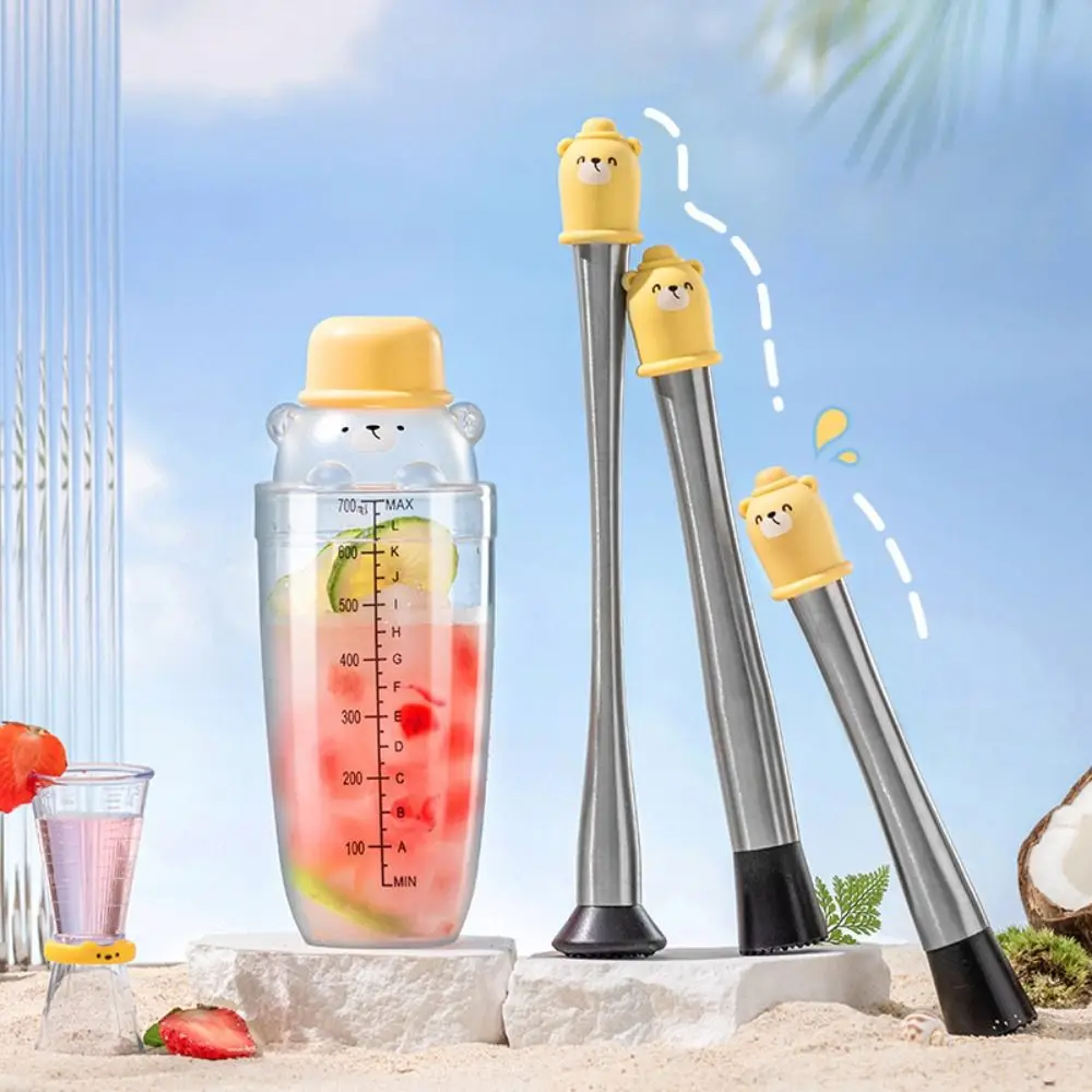 Cute Bear Shake Bottle with Scale Leakproof Stainless Steel Crushed Ice Lemon Crushing Hammer Bartender Double-head Measure Cup