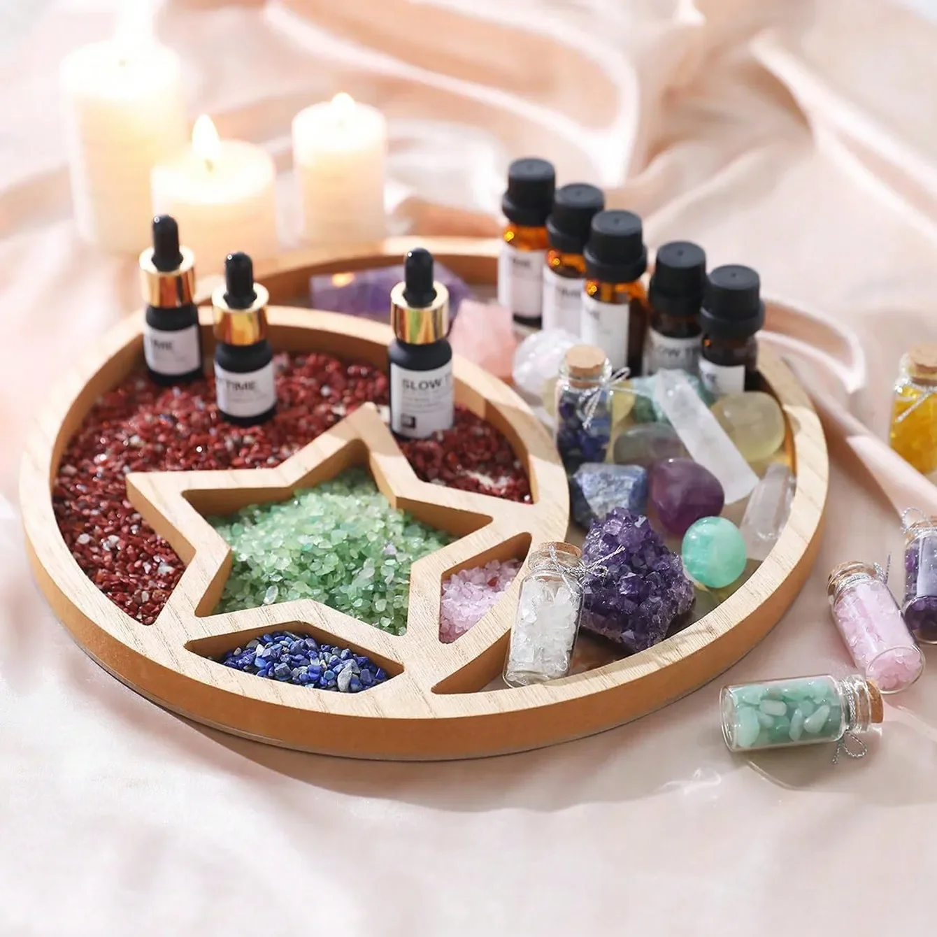 قطعة واحدة من صينية كريستال على شكل نجمة القمر - حامل عرض خشبي لأحجار الشفاء |   ديكور المنزل وفكرة هدية |   تنظيم وعرض البلورات