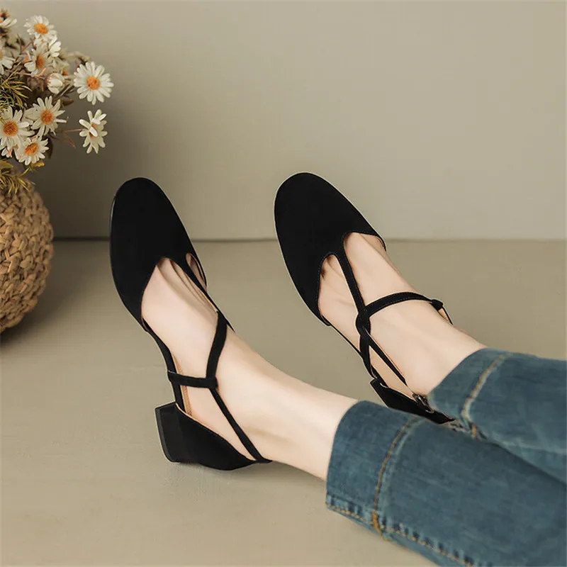 2023 New Summer Sandals Round Toe Women Sandals French Retro Women Shoes Cover Toe Chunky Heel Sandals for Women Handmade Shoes