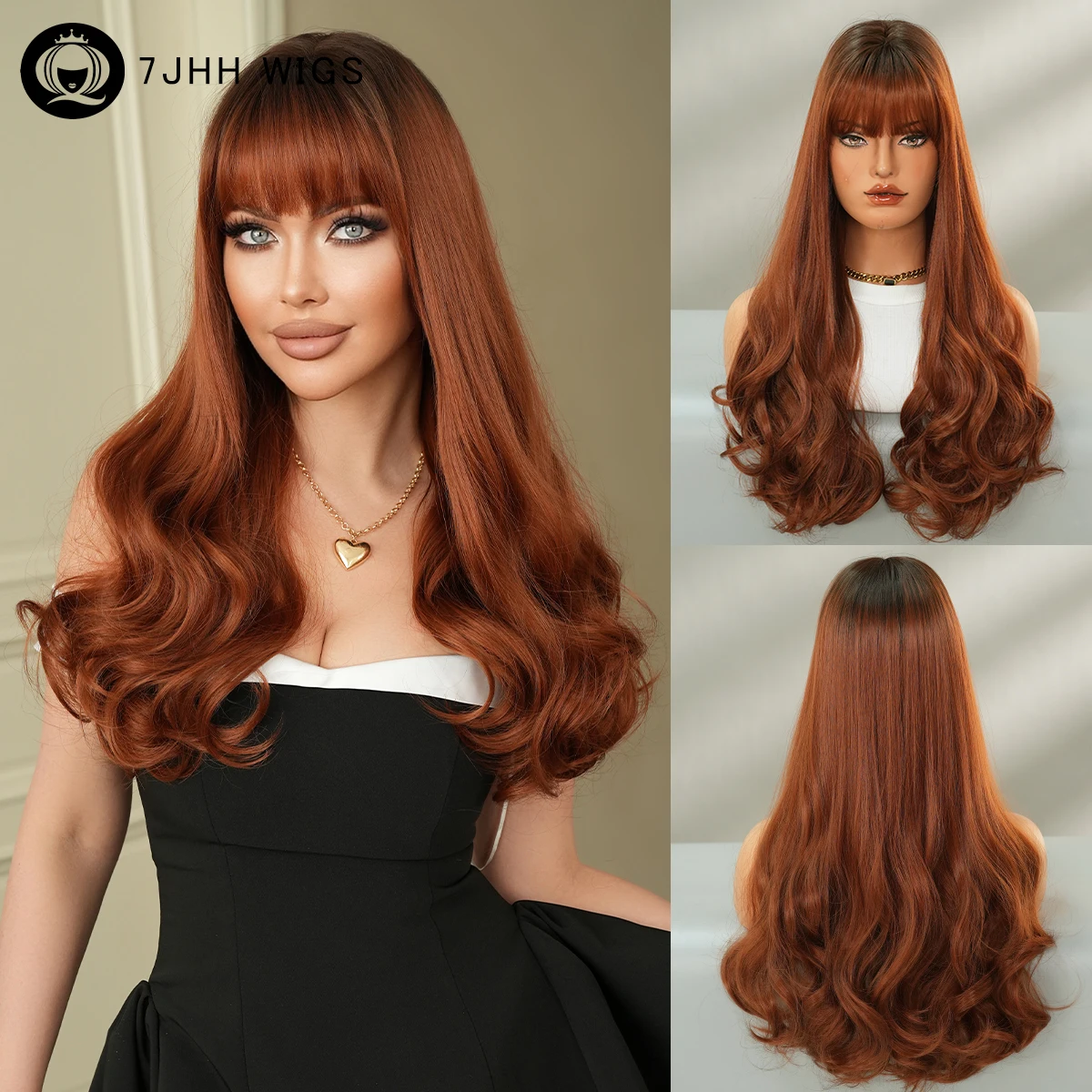 7JHH WIGS Shoulder Length Body Wave Copper Wig for Women Synthetic Modest Fashion Wear and Go Orange Wigs with Dark Roots