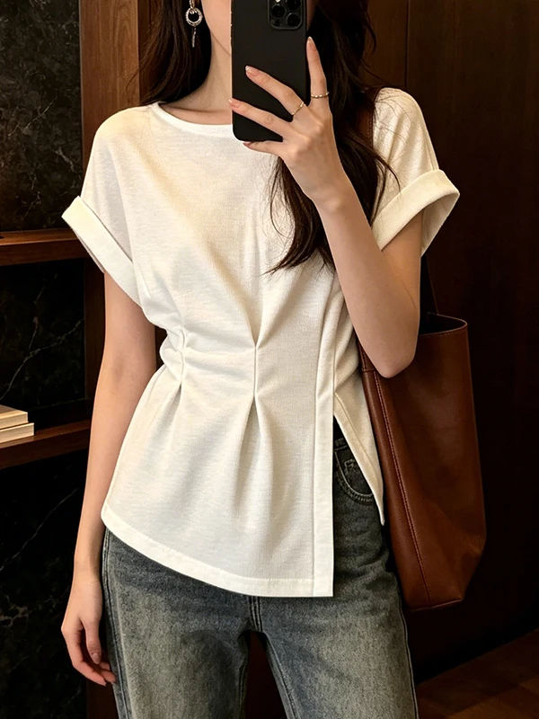 

plus Size Summer T-Shirt Women's Short Sleeve Waist-Cinching Pleated Versatile Top Korean Style Breathable Skin-Friendly Casu...