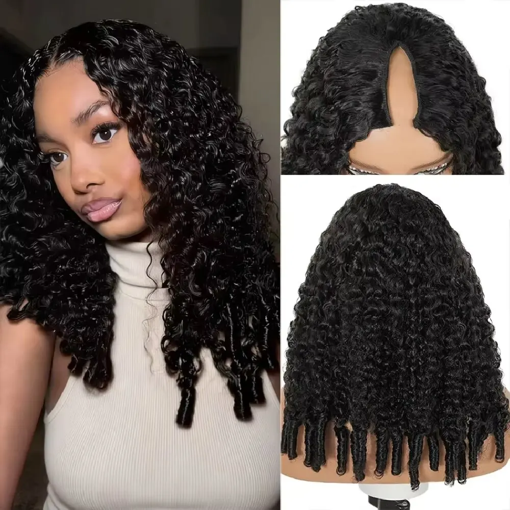 250% Density Burmese Curly V Part 32 Inch Human Hair Wig Upgrade U Part Wig with Drawstring Clip In Wig Colored Natural