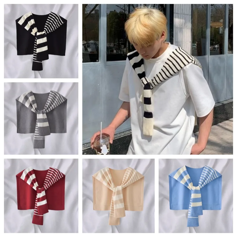 

Simple Sunscreen Men Knitted Shawl Wraps Korean Style Asymmetry Stripe Scarf Cloak Knotted Fake Collar Wraps Blouse