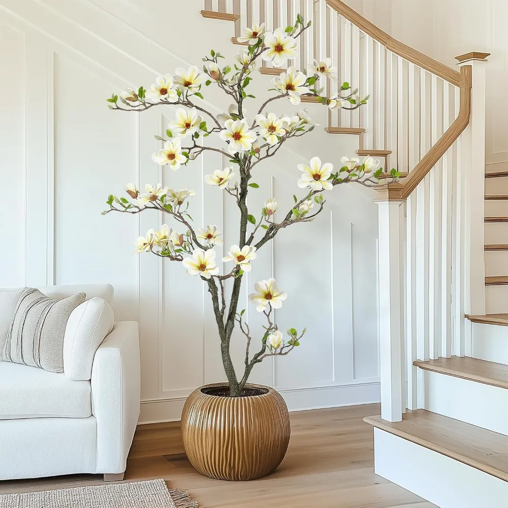 Albero di Magnolia Artificiale da 4/5/6 Piedi, Pianta Decorativa Finta con Fiori e Foglie Bianche, Albero Fiorito Finto in Vaso
