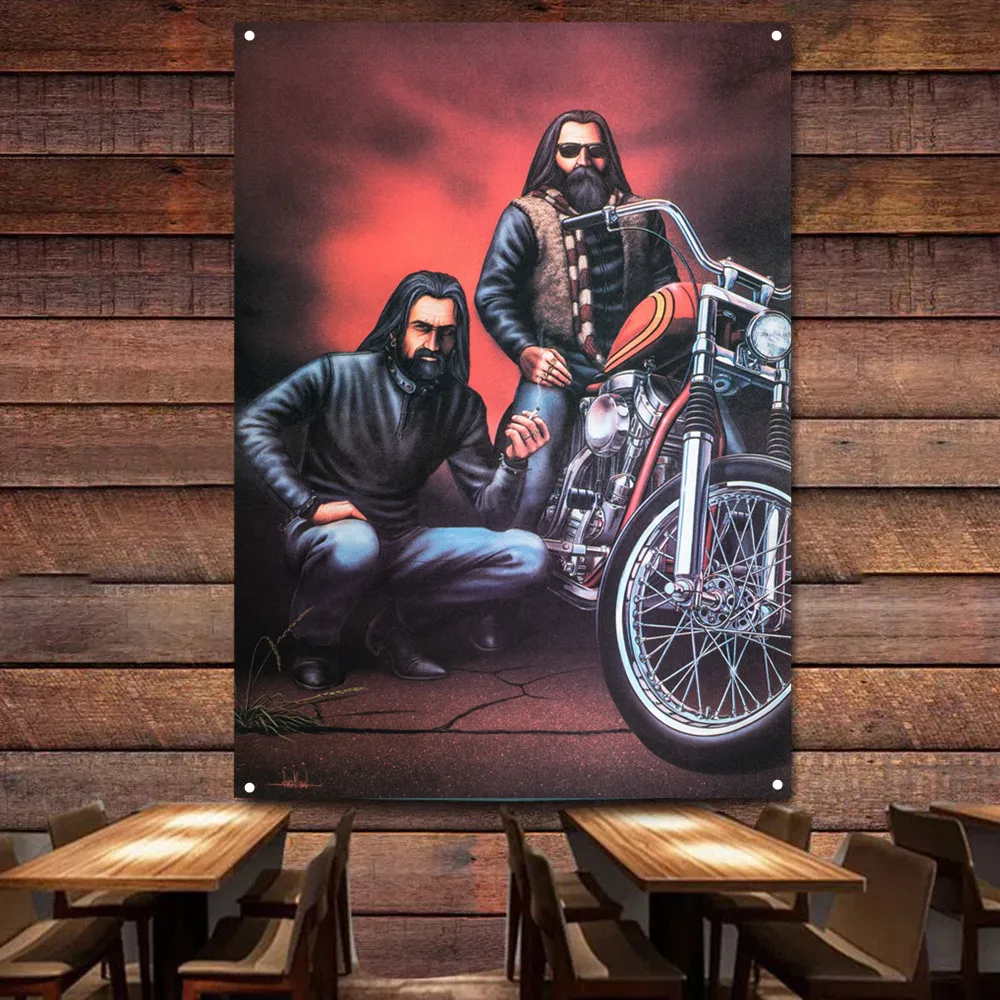 

Motorcycle Biker Flag Banner Mural Vintage Wall Decor Poster Car Painting For Garage Man Cave Bar Club Pub Gift for Cyclists