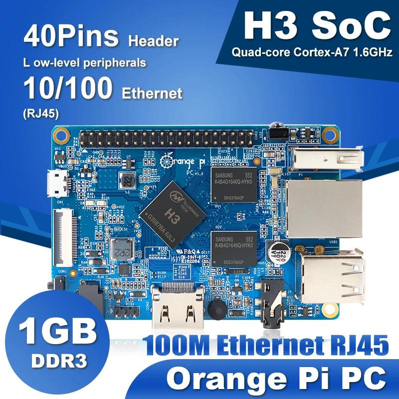 Orange Pi PC 1GB H3 SoC 100M Ethernet RJ45 Open Source Mini PC Tablet Development Board Computer, Run Android,Ubuntu,Debian OS