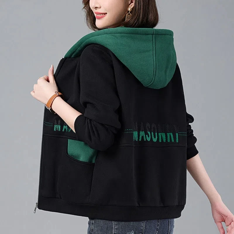 Mother\'s Cardigan Sweatershirt For Women spring and autumn 2022 New Loose Patchwork Hooded Short Coat  Female Print Jacket