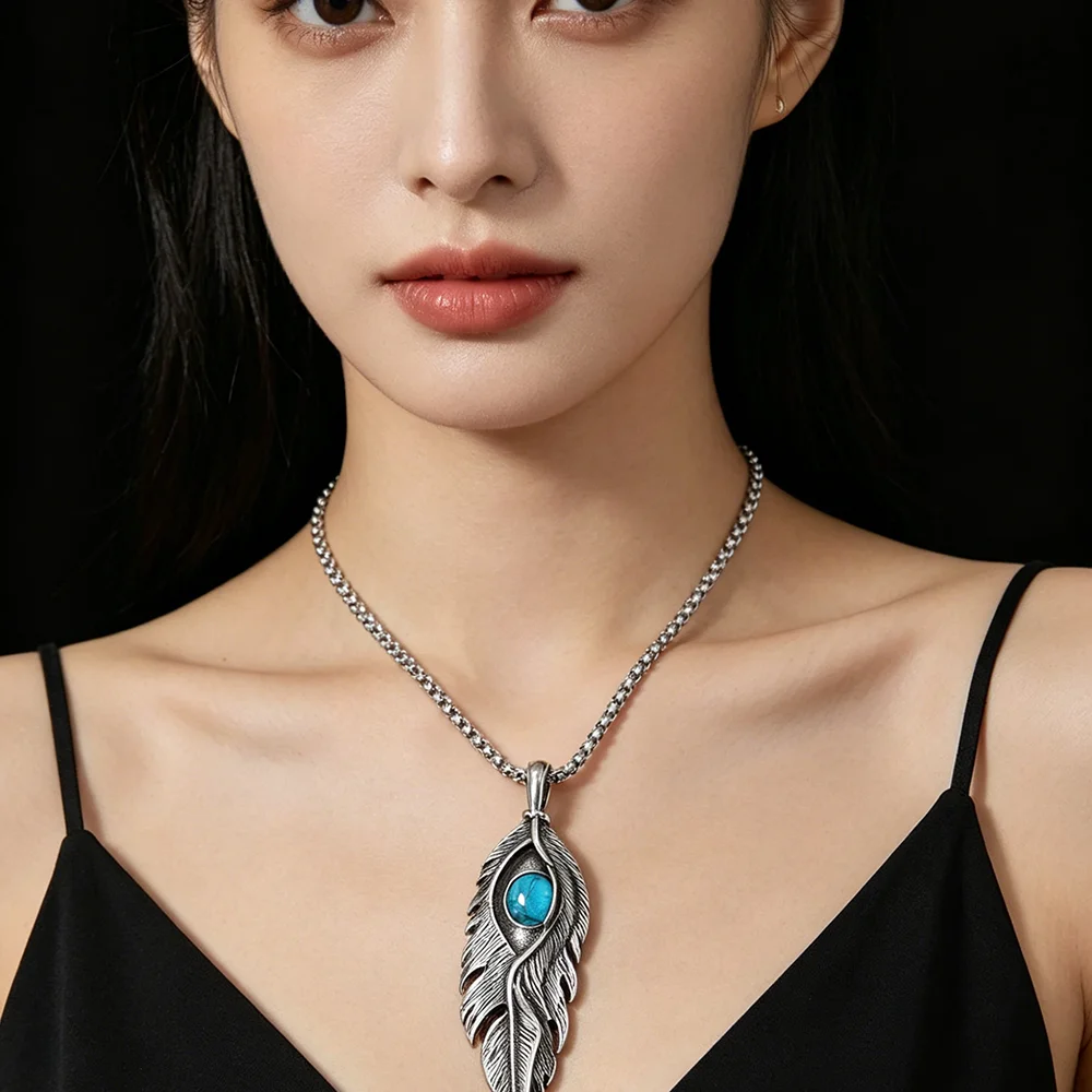 Retro cast feather sapphire stainless steel necklace, waterproof and non-fading blackening process, bulk sales pendant