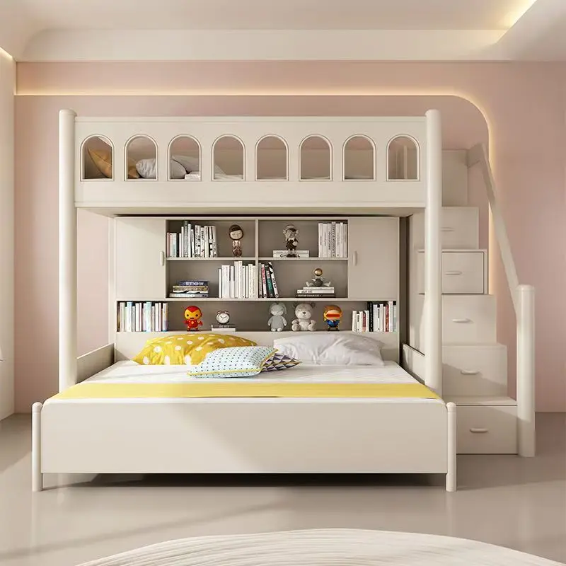 #Modern Split-level Bunk Bed with Open Space Underneath; Loft Bed, Combined with a Desk and Wardrobe.