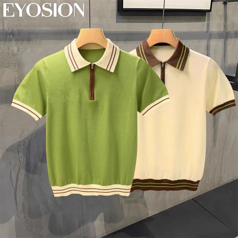 2024 Summer New Men Knitted Jacquard Polo Shirt Casual Collar High Quality Cotton Cardigan Retro Short Sleeve Knitted Tee 4XL