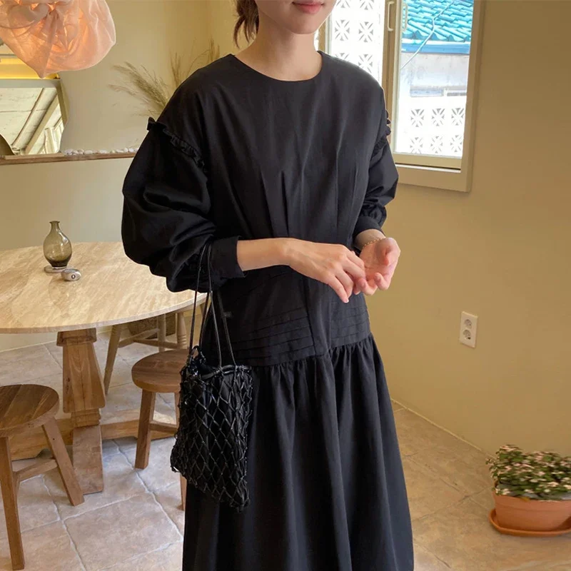 Autumn 2024 New O Neck Puff Sleeve Dress Women Loose Casual Vintage Elegant Vestidos Mujer Korean Chic Simple Streetwear Robe