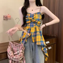 Plaid Shirts and Blouses Korea Irregular Fashion Woman Blouse 2024 Sleeveless Ladies Top Female V-neck Spaghetti Strap Clothes