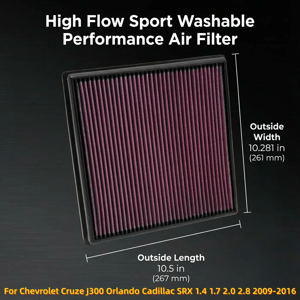 

Высокопроизводительный спортивный моющийся воздушный фильтр для Chevrolet Cruze J300, Orlando, Cadillac SRX 1.4, 1.7, 2.0, 2.8 (2009-2016), 33-2966