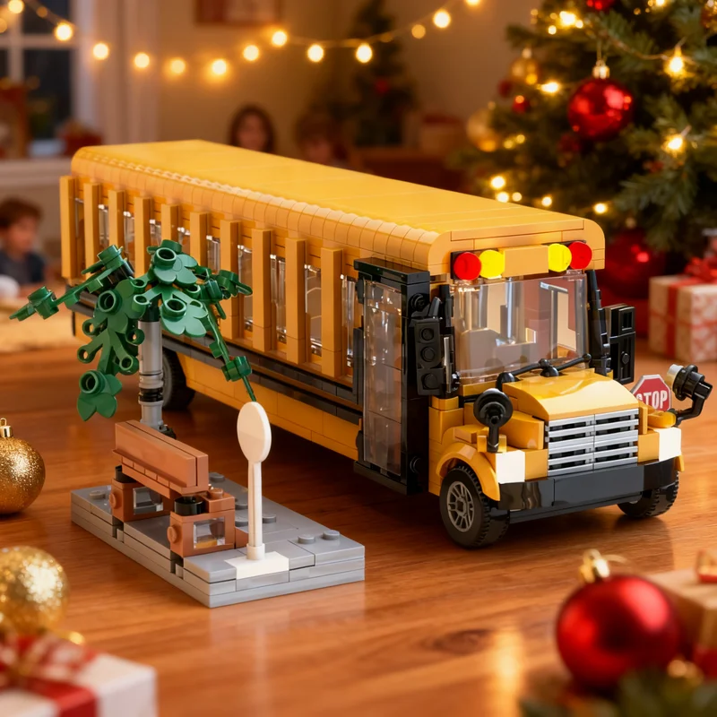 864pcs MOC Generic American School Bus + Bus Stop City Traffic Model Building Blocks Christmas Gift Toy Architecture Art 3D