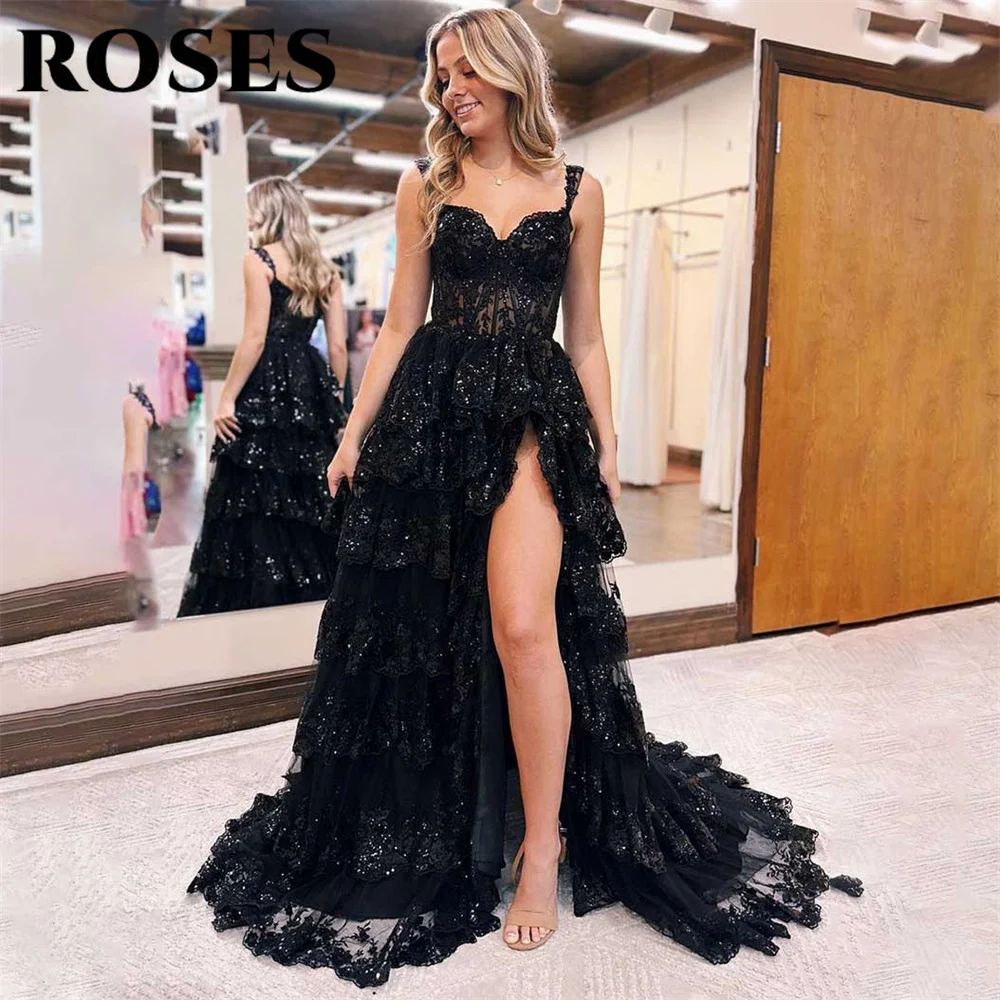 

ROSES Simple Black Evening Dress Sweetheart Tulle A-Line Tiered Corset Prom Dress with Sequin Off The Shoulder 프롬드레스 Party Dress