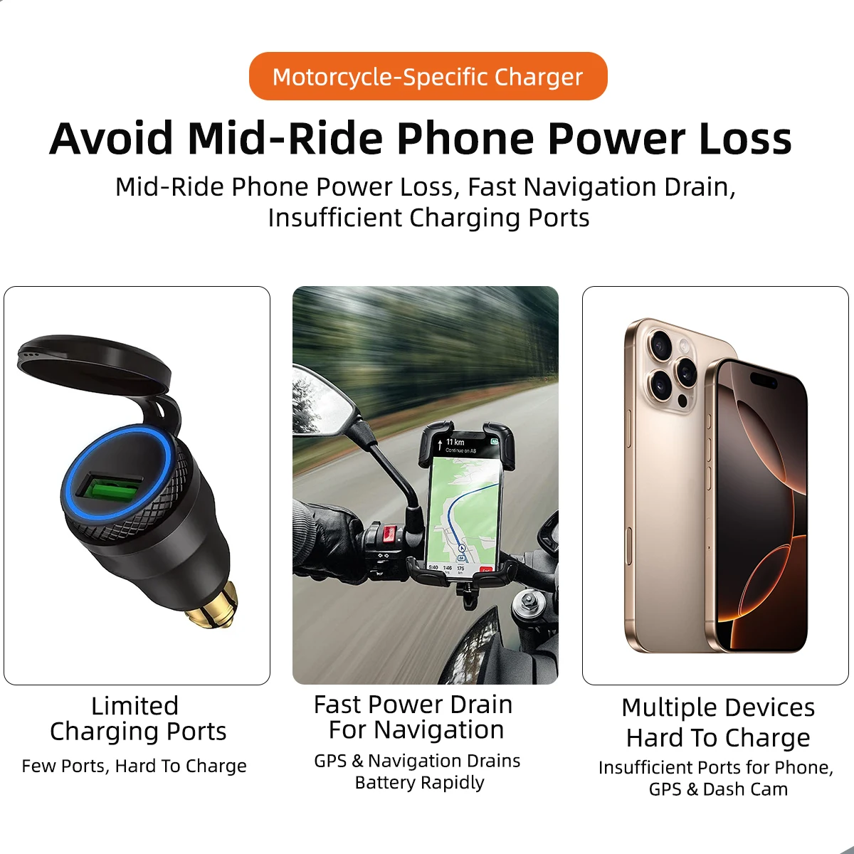48W Motorcycle Phone Charger QC3.0 Dual USB Type-C Fast Charger Waterproof 12-24V Handlebar Mount Power Adapter for Moto 2