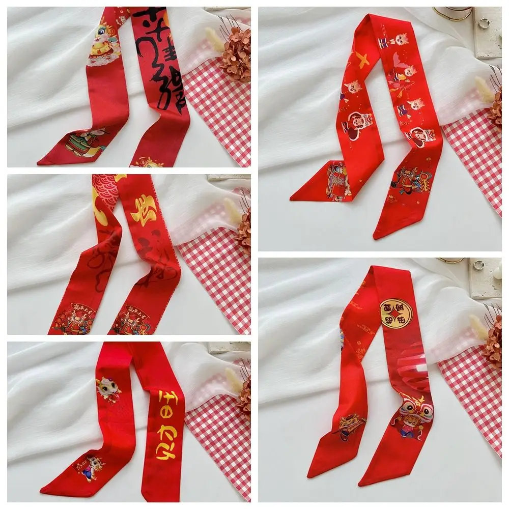 Dragon Pattern New Year Red Silk Scarf Printed Hair Tie Scarf Hair Band Scarf Accessories Collocation Clothing Accessories