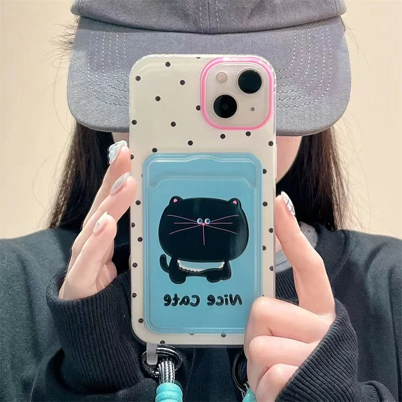 Card bag funny cartoon polka dot black cat phone case with   For iPhone 15 14 Plus X XS XR 11 12 13 Pro Max Silicone Cases Cover