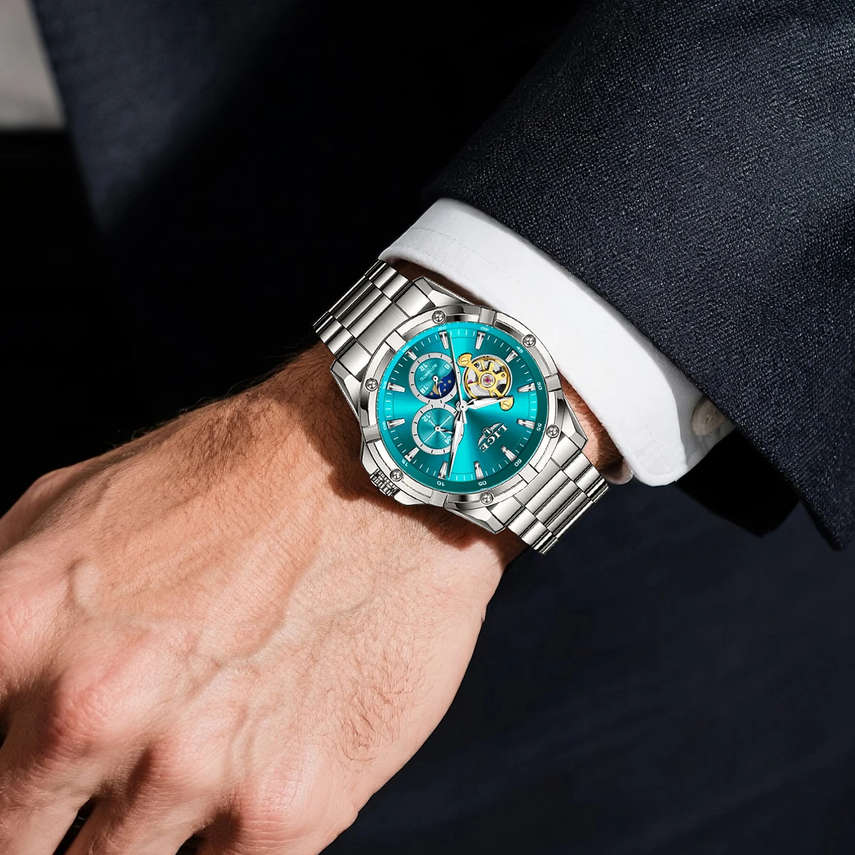 ساعة ميكانيكية فاخرة من العلامة التجارية LIGE بتصميم بسيط كاجوال لمرحلة القمر مقاومة للماء ومضيئة من الفولاذ المقاوم للصدأ للرجال كرونوغراف #5