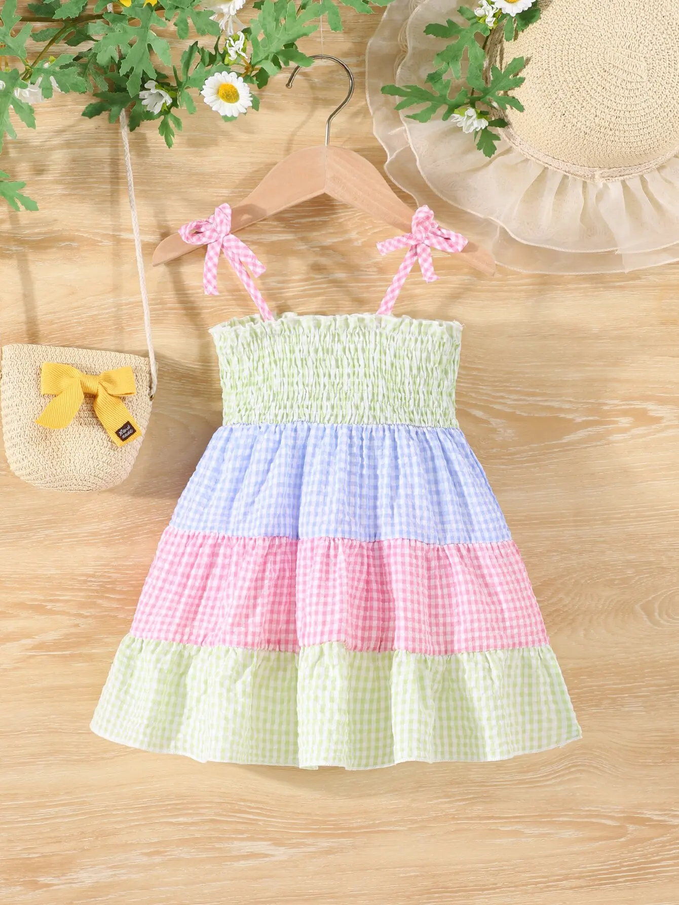 Summer Baby Girl New Cute Sweet Travel Holiday Style Sub Color Patchwork Bow Strap Dress Breathable Cool Casual Dress