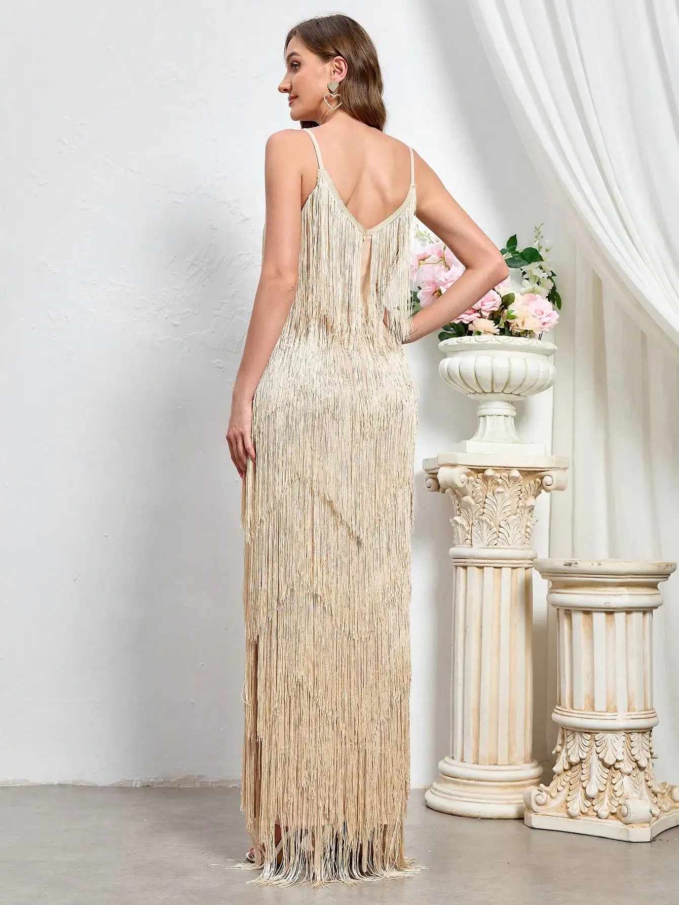 Women's V Neck Spaghetti Strap Fringe Maxi Dress for Evening Party Wedding Guest