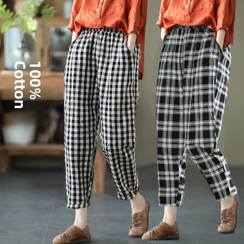 

Свободные утягивающие брюки Харлан большого размера в клетку, женские корейские повседневные тонкие хлопковые брюки, брюки-морковка для мамы