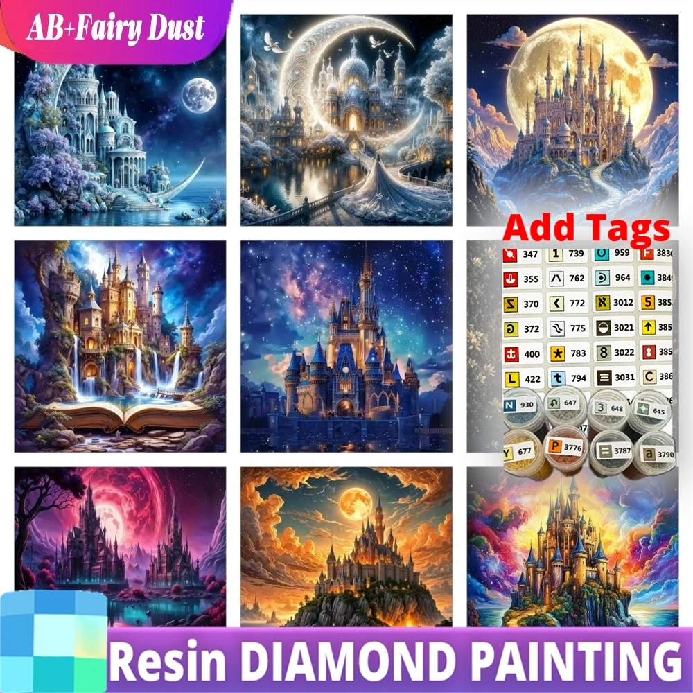 

AB Fairy Dust Resin Diamond Mosaic On The Basement Castle House Landscape Painting Square Round Drill Moon Scenery Home Decor Rh