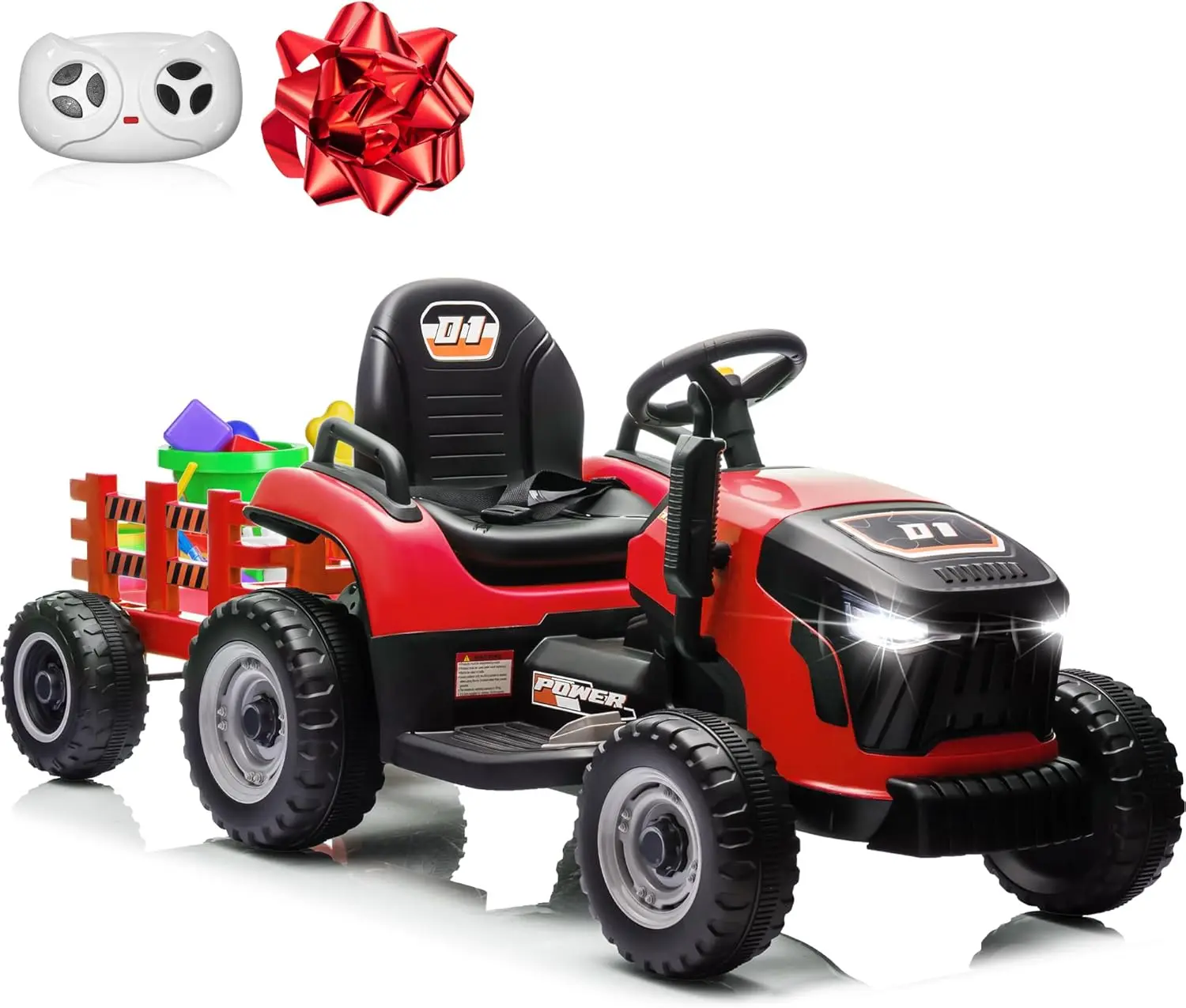 Tractor de paseo de 24 V y 7 Ah con remolque inclinable y desmontable, tractor de vehículos eléctricos para niños con motores de 400 W, asiento ajustable, control remoto C
