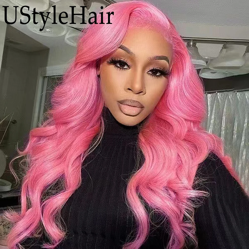 UStyleHair Wig merah muda tubuh panjang gelombang renda depan Wig tahan panas rambut serat sintetis Wig untuk wanita penggunaan sehari-hari Wig Cosplay