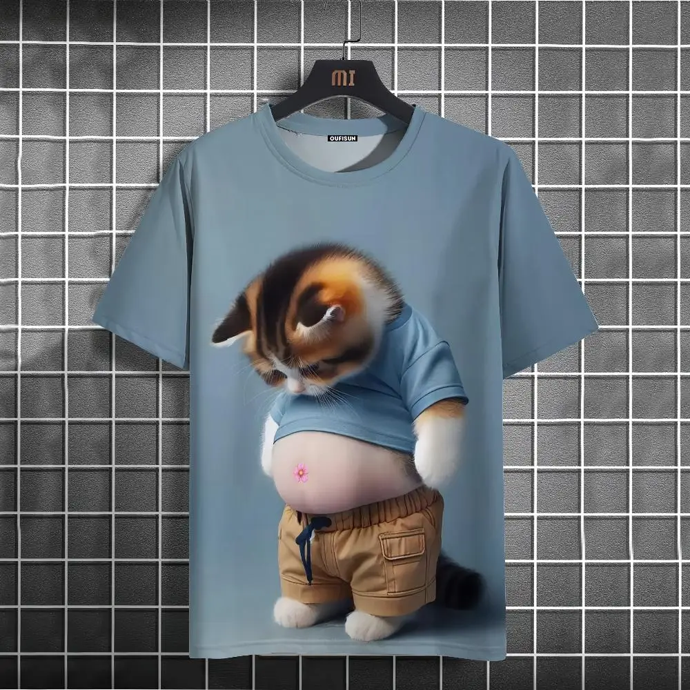 Funny Men's T-Shirt Animal Fat Cat Printed T-Shirts Casual Loose Short Sleeved Tee Oversized Men Clothing Tops Summer Streetwear image 2