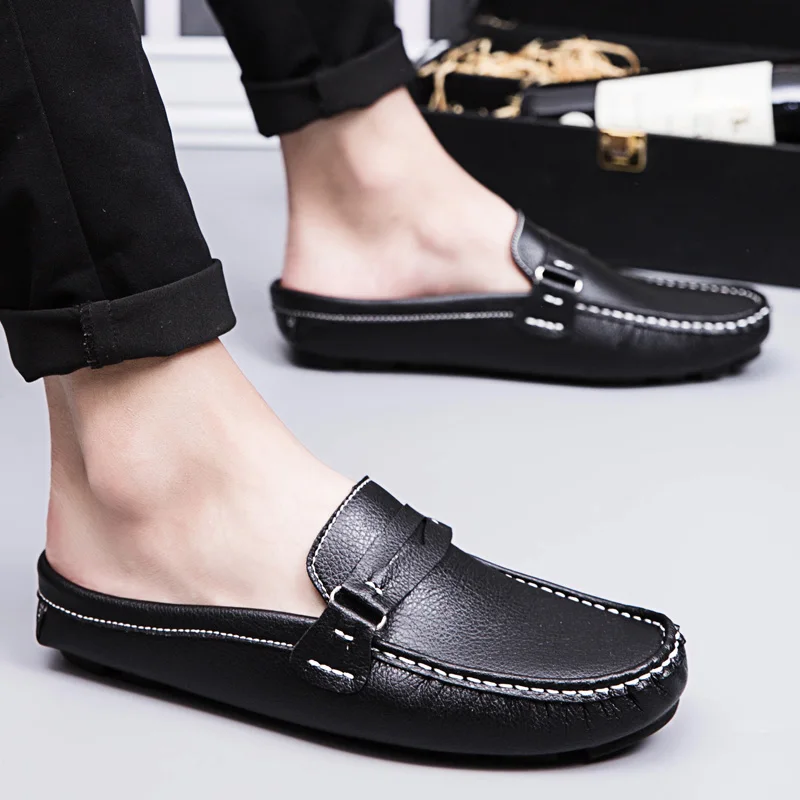 2022 Men Half Shoes Casual Luxury Brand Italian Handmande Slipon Men Driving Shoes Leather Summer Comfort Slippers Loafers White