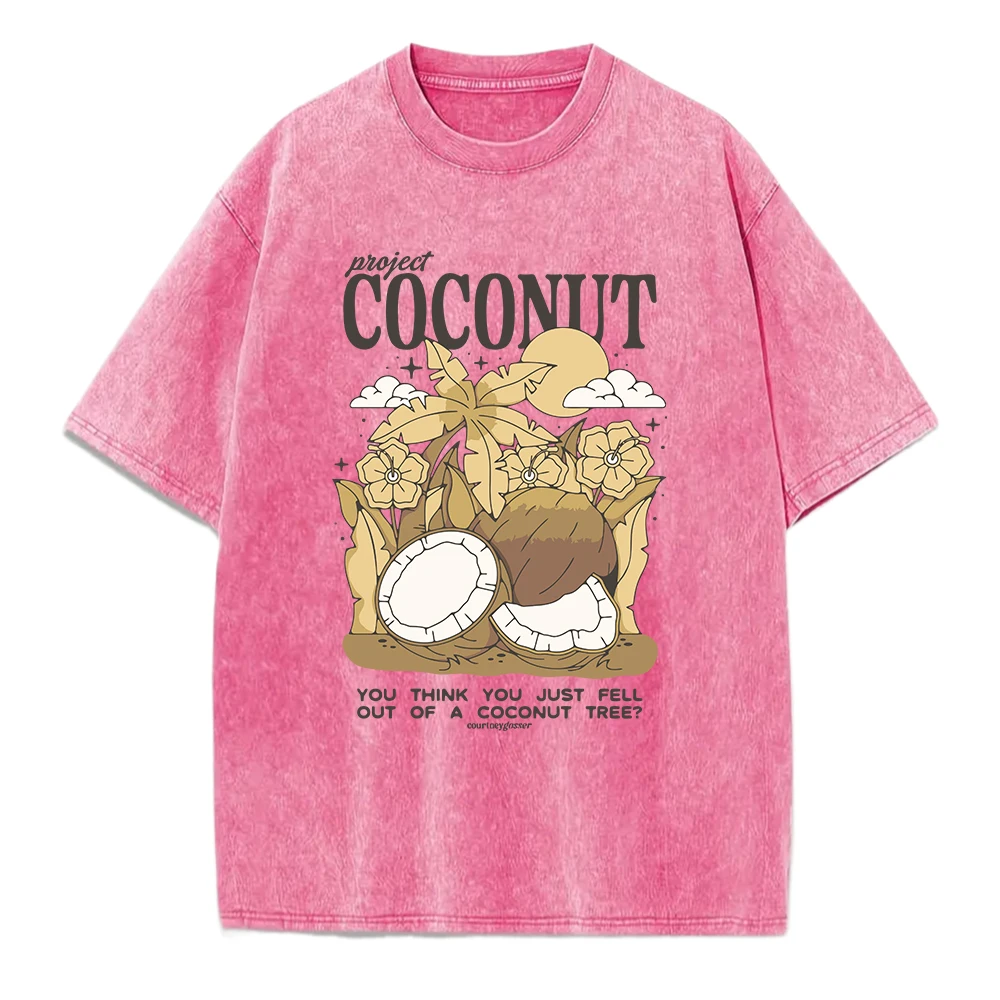 

Промытые футболки с кокосовым принтом Project, женские хлопковые топы с круглым вырезом, удобная потертая уличная одежда, летняя повседневная женская одежда