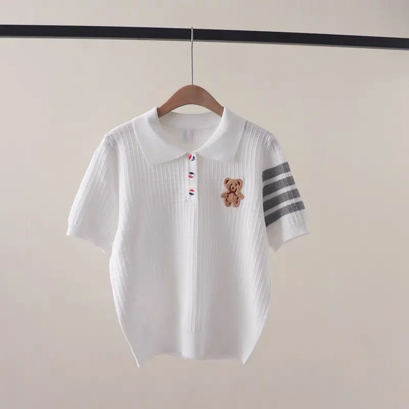 

Women Cartoon Embroidery Short Sleeve Knit T-shirt Summer Chic Striped Slim Tops Preppy Style Button Turn-down Collar Pullovers