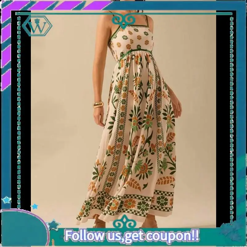 A09P Womens 2025 Summer Floral Maxi Dress Sleeveless Spaghetti Strap Printed Smocked Boho Beach Long Dress