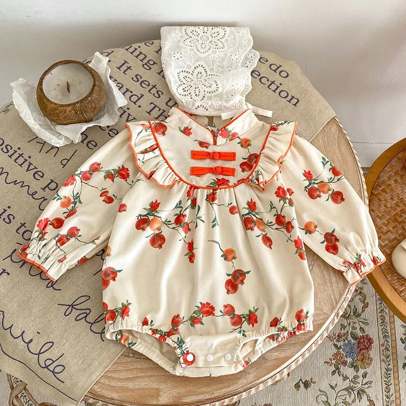 

0-2Yrs Infant Baby Girls Long Sleeves Pomegranate Printing Jumpsuits Spring Newborn Kids Baby Girls Children Rompers