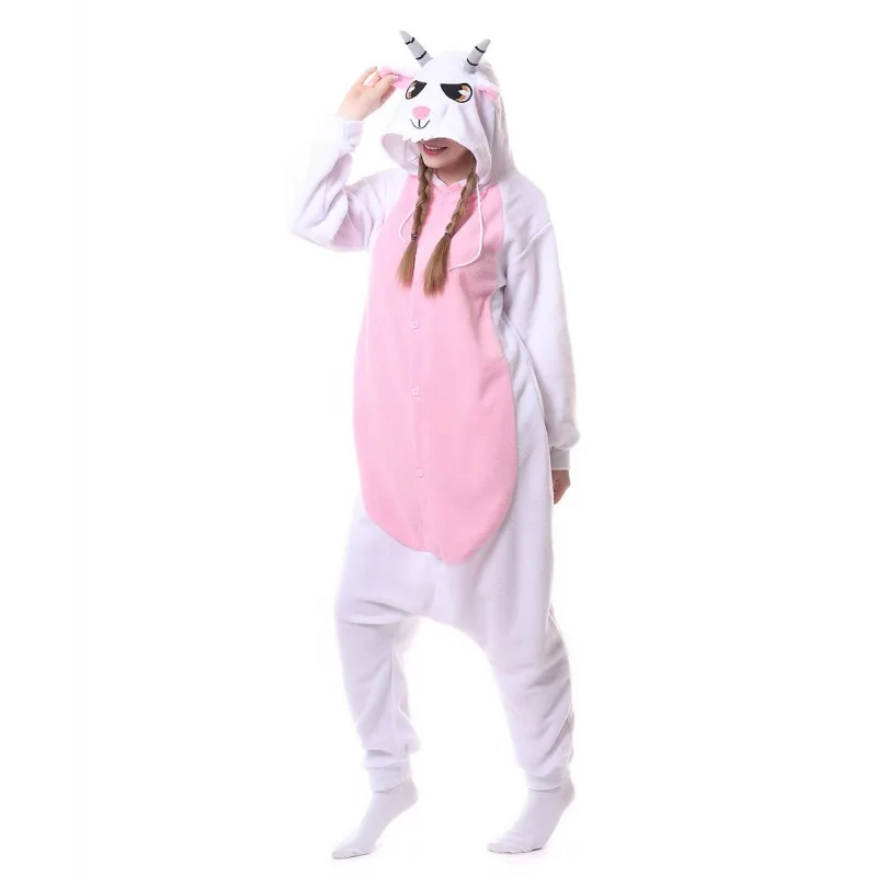 White Goat Anime Onesie Pajama Fleece Jumpsuit Funny Sleepwear Women Pyjama Outfit Girls Fancy Suit Adults Raccoon Kigurumi