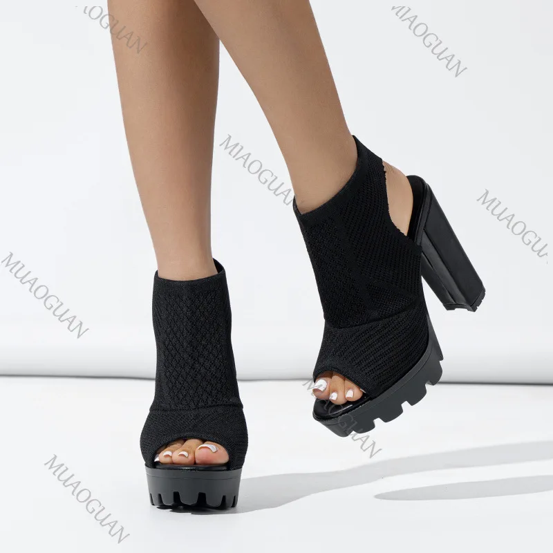 Summer New Women's Heels Shoes  Knitted Breathable Block Heel Sandals Fashion Comfortable Open Toe Party Elegant Heeled Pumps view 5