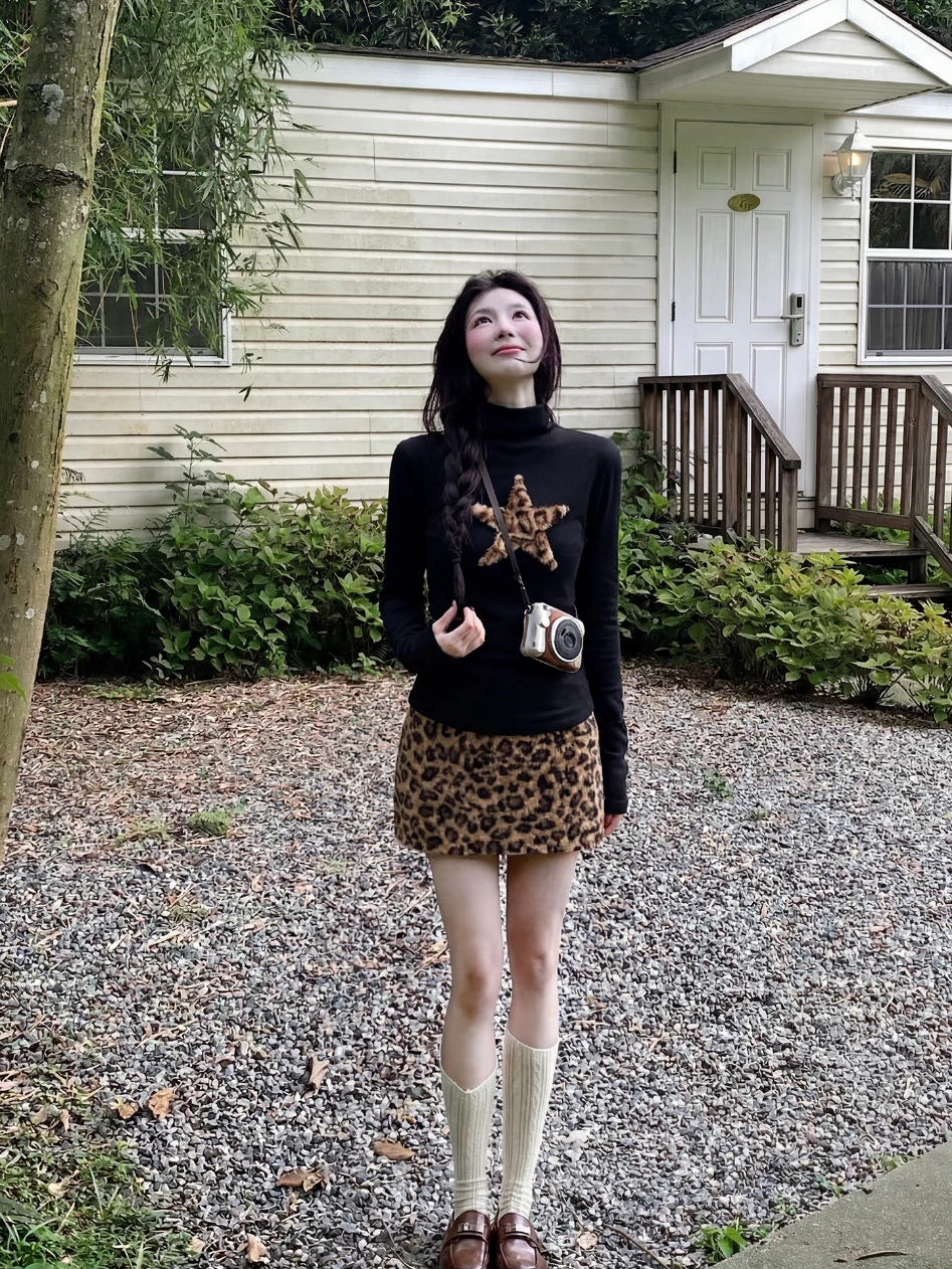 

Retro American Black High Collar Long Sleeve Star T-Shirt Women's Spring Leopard Print Skirt Sweet Cool Girl Two Piece Set