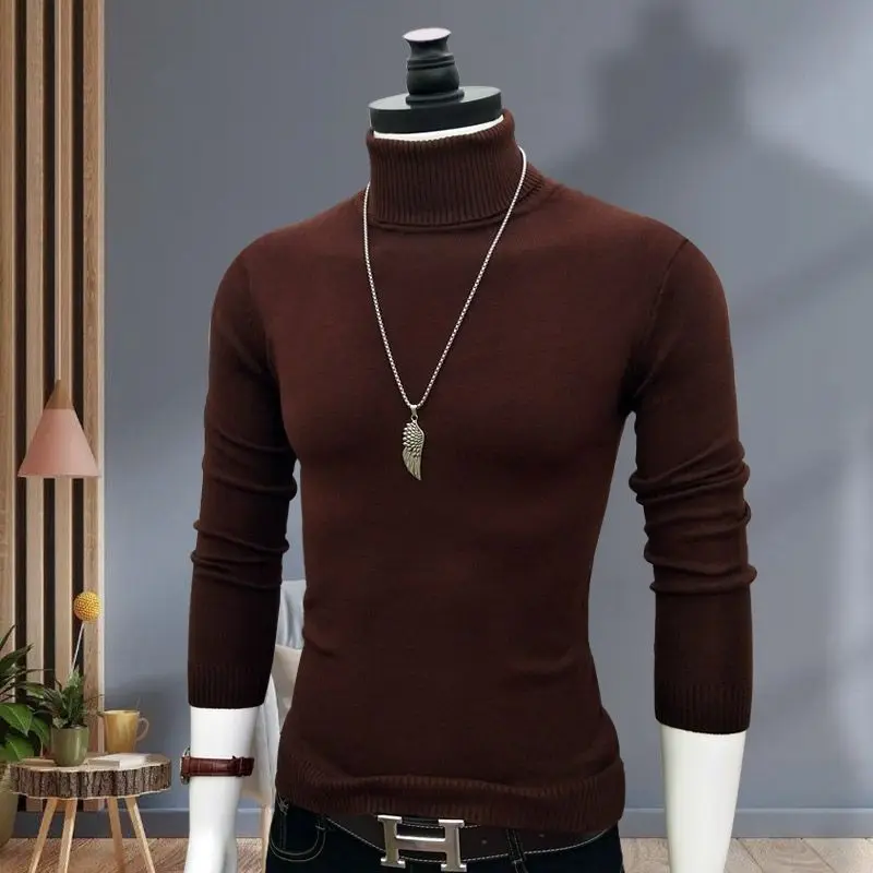 

Cé Brown High Collar Men's Fitted Warm Knitwear Base irt Versatile Autumn Winter Pure Knitted Sweater Non-deformable