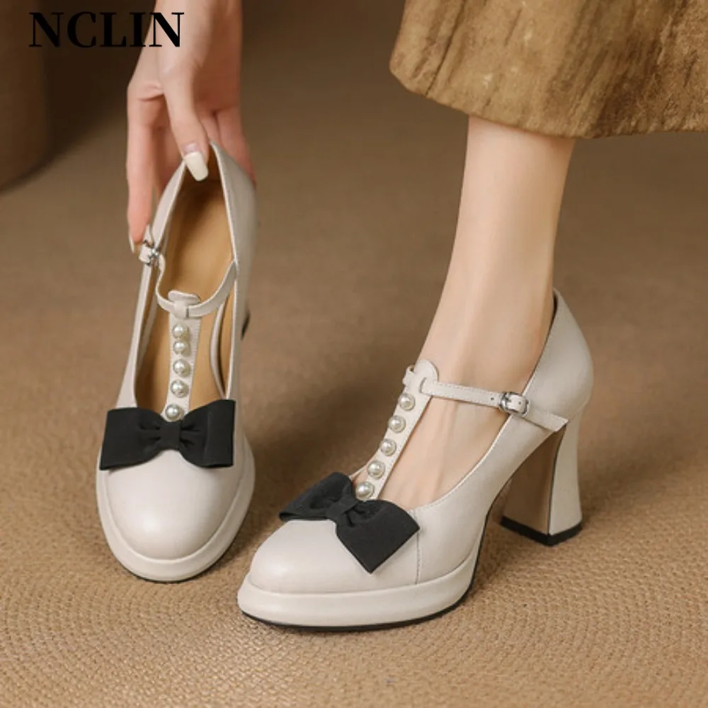 

2025 Spring Summer Women Fashion Shoe Sexy High Heel Ankle Buckle Strap Round Toe Butterfly-Knot Decoration Pumps