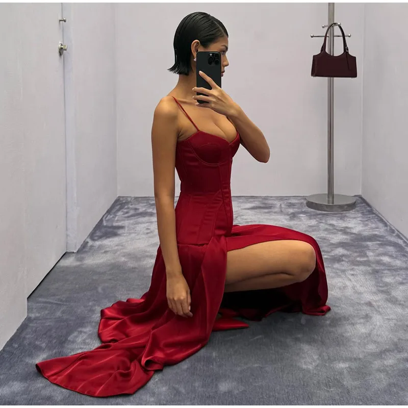 Elegant Sleeveless High Split Women Midi Dresses Vintage Wine Red Spaghetti Strap Dress 2026 Summer Lady Evening Party Vestidos