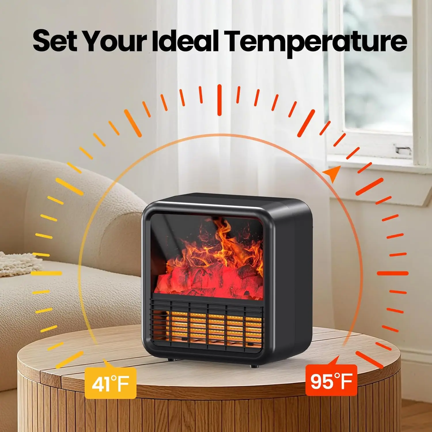 Riseon Small Fireplace Space Heater Indoor Use Realistic 3D Flame Thermostat 1500W/750W PTC Ceramic Heating Tip-Over Safety